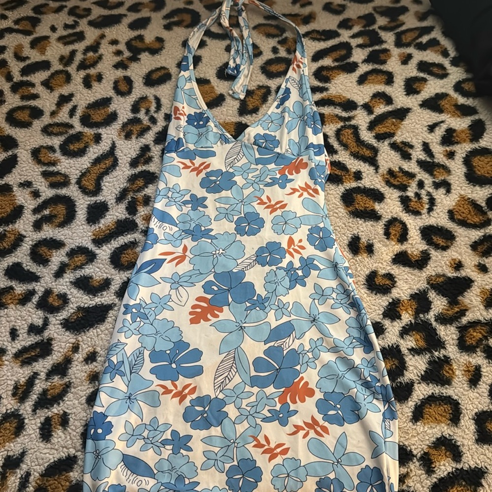 Small Hibiscus flower, light, blue and orange summer dress